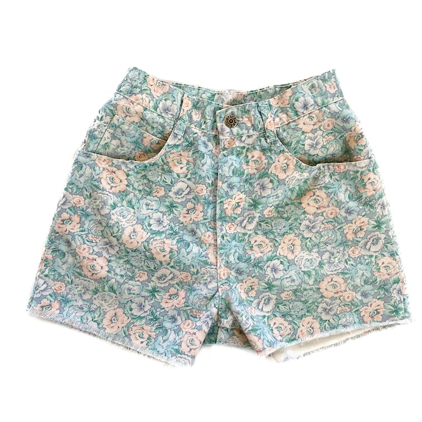 Vintage Shorts | Gr. 7 Jeanshose | High Rise Floral Jeans Shorts | Rohkante | 80er, 90er Jahre Mode