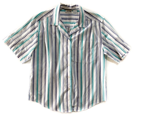 Vintage Blouse | Small Short Sleeve Blue Striped … - image 1