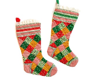 Vintage Stockings | Set of 2 Gingham Quilted Christmas Stockings | Handmade | Christmas Decor