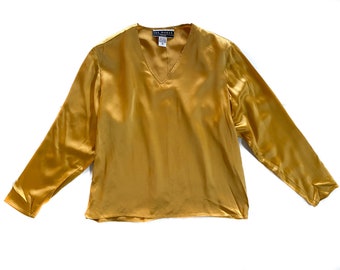 Vintage Blouse | Size 8 Yellow/Gold Silk Blouse | Long Sleeve Top | 80s, 90s Fashion