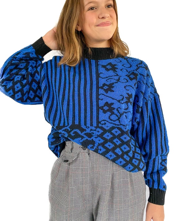 Vintage Sweater | Small Mock Neck Black and Blue … - image 2