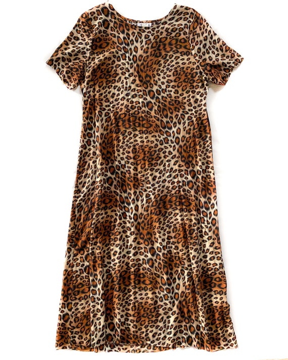 Vintage Dress | Size Large, Long Animal Print Dress | Short Sleeve | 80s, 90s Fashion