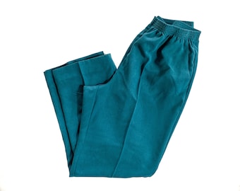 Calças Vintage | Calça Elástica Azul Tamanho 10 | Plissado, cintura alta, perna larga | Moda dos anos 80, 90