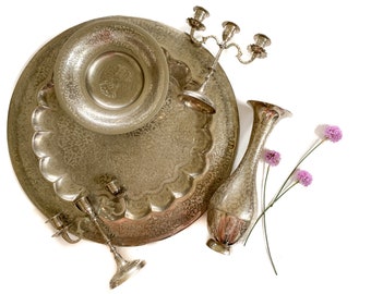 Vintage Silber Set | Verschnörkte Silber Tischdekoration | Tablett, Vase, Kerzenhalter, Sockelschale