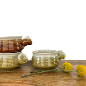Vintage Bowls | Set of Three Handled Stoneware Soup Bowls | Boho Serveware