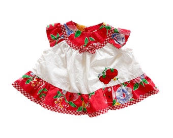 Robe fille vintage | Robe rouge et blanche à fleurs et vichy 6-9 mois | Vêtements enfant vintage