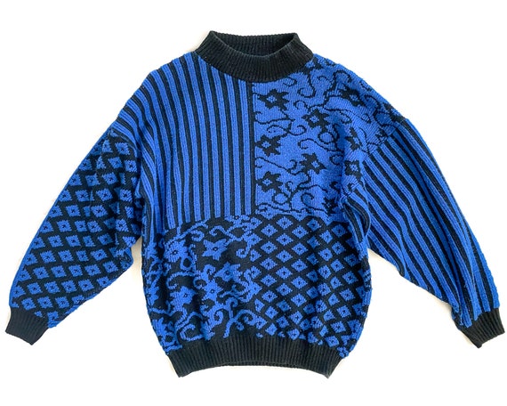 Vintage Sweater | Small Mock Neck Black and Blue … - image 1