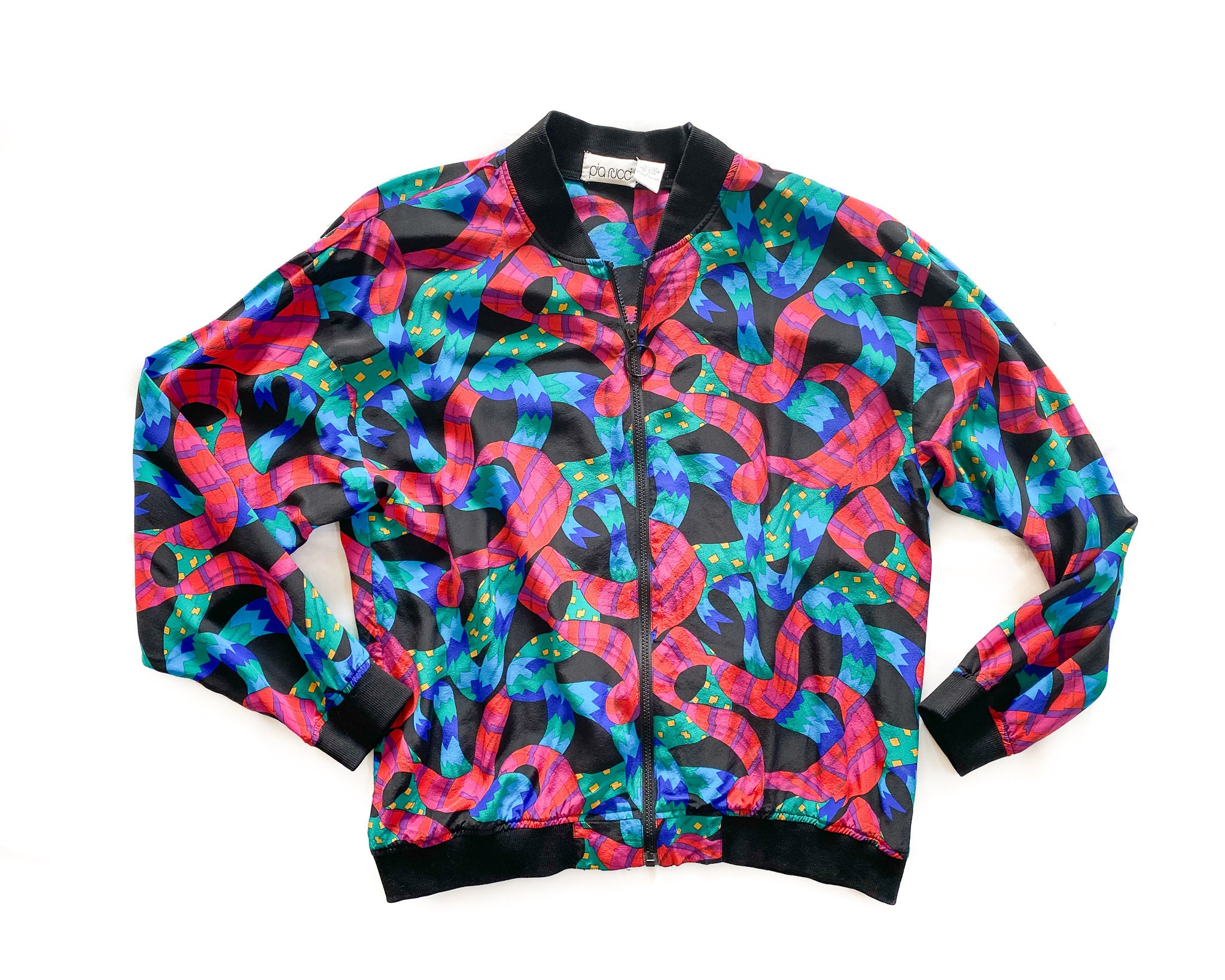 ジャケット・アウター 90s silk rave bomber jacket blouson Vintage Jacket | Large Geometric Silk Bomber Jacket | Oversized