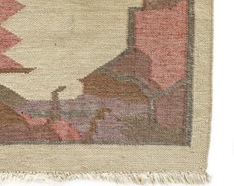 Vintage Woven Rug | Abstract Purple, Pink, Beige Design | 24X64 Wool Fringed Rug | Home/Wall Decor