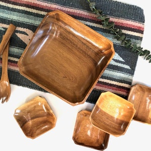 Vintage Salad Bowl Set | Seven Piece Wooden Salad Set | Wood Serving Bowls | Boho Serveware
