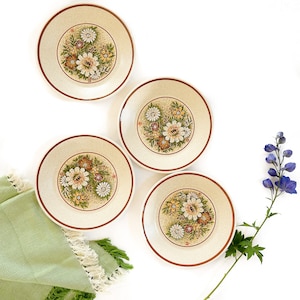 May include: Set of four vintage floral patterned ceramic dessert plates with brown trim. The plates feature a beige background with a floral design in shades of green, yellow, and brown.