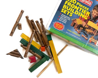 Vintage Building Set | Large Set of Wooden Frontier Building Blocks | Vintage Children Toy