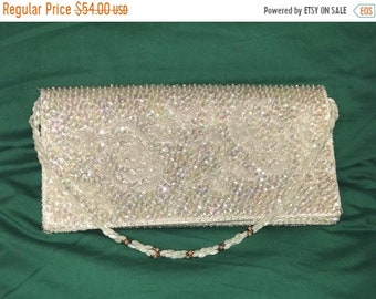 SALE Stunning vintage white sequin beaded evening bag clutch