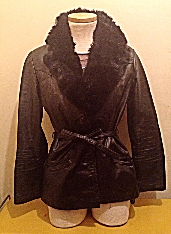 SALE Vintage Black Leather & Fur Jacket Coat - image 2