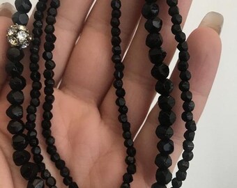 SALE 3 Strand Long Vintage Black Chrystal Rhinestone Beaded Necklace