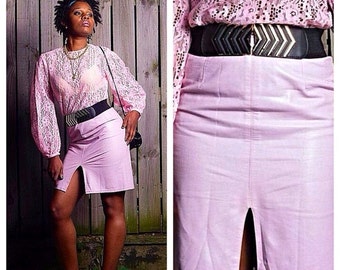 SALE Pale Powder Pink Lavender Vintage High Waist Leather Skirt