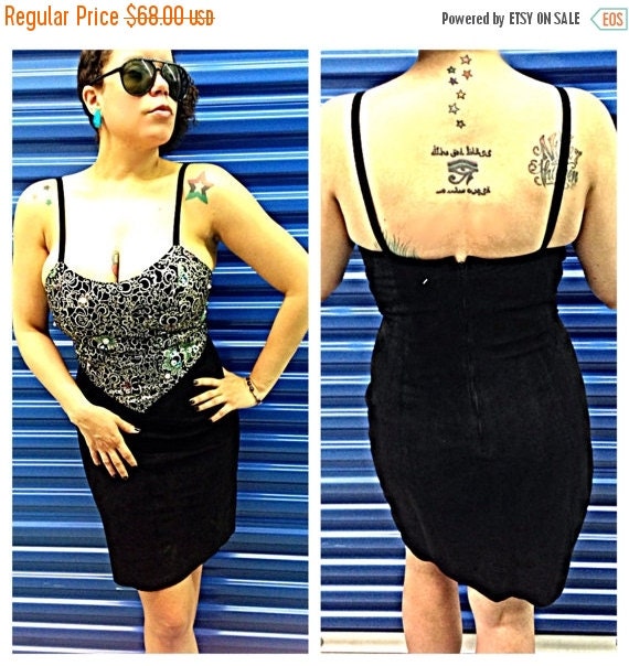 SALE Unique Vintage Black & Gold Painted Suede Leather Pencil Dress