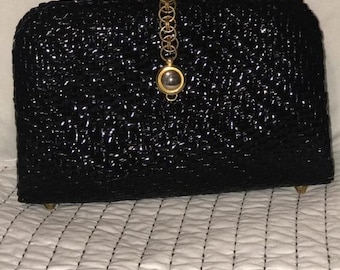 SALE Chic Black Vintage Straw Wicker Lacquered Handbag