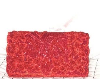 SALE Vintage Red Sequin Beaded Evening Bag