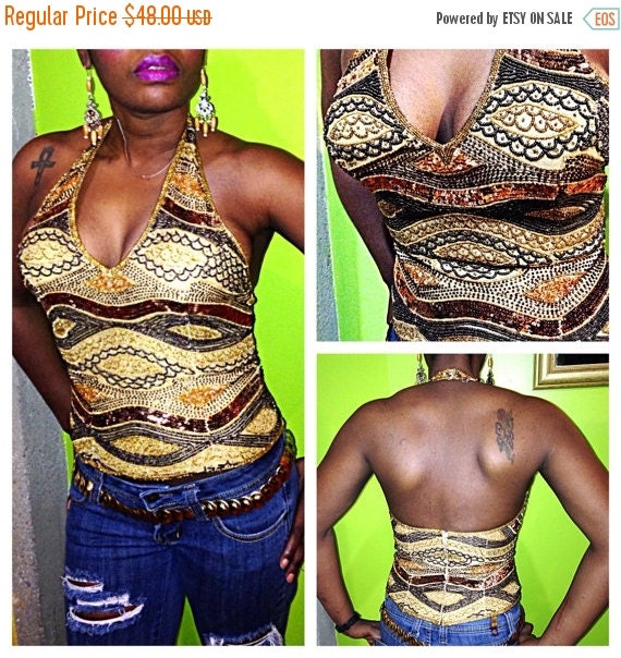 SALE Stunning Vintage Gold Sequin Beaded Halter To