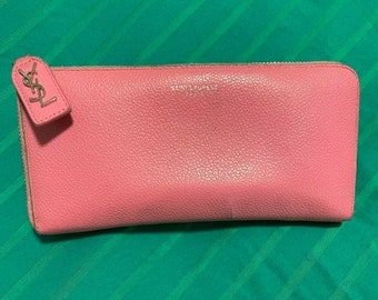 SALE Auth Yves SAINT LAURENT Logo Zip Around Long Wallet Pink Leather