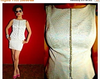 SALE CLEARANCE Vintage 60s White & Metallic Pastel Striped Rhinestone Cocktail Dress by Ever Beauty