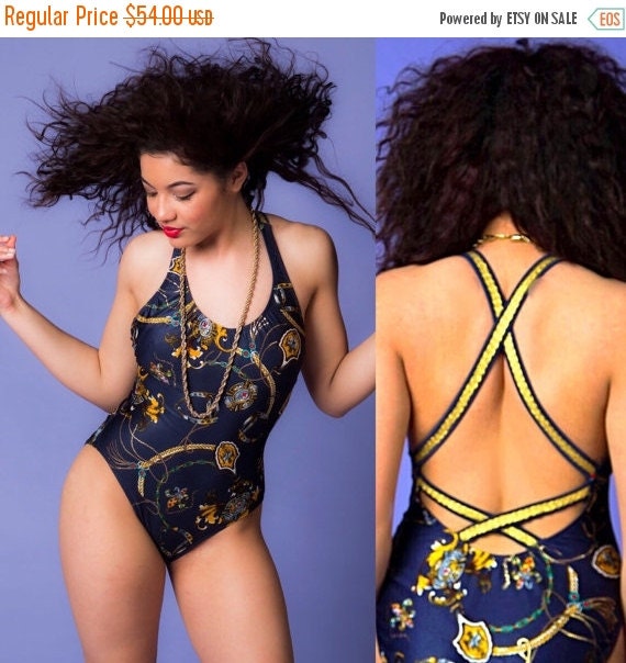 SALE Cool Vintage Navy Blue & Gold Nautical One Piece Swimsuit 
