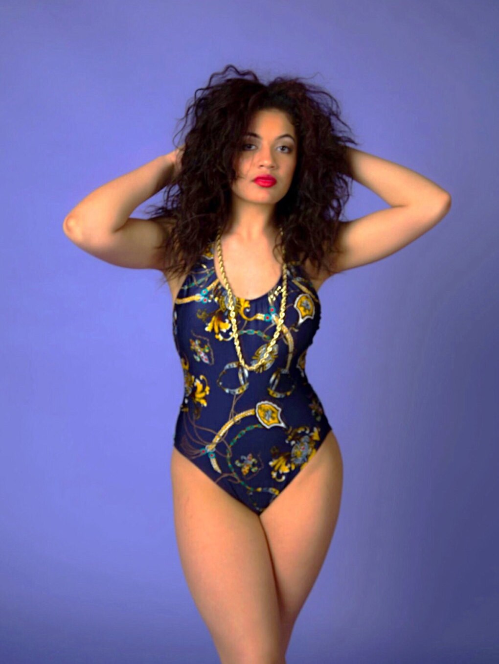 SALE Cool Vintage Navy Blue & Gold Nautical One Piece Swimsuit 