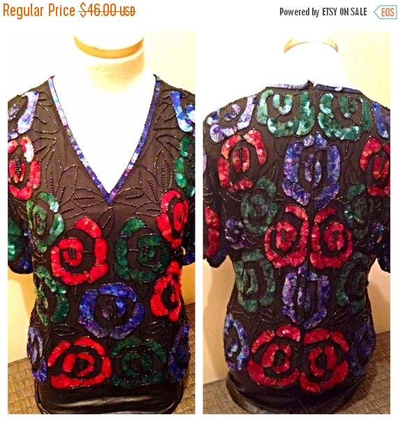 SALE Unique Vintage Black Floral Silk Sequin Blous