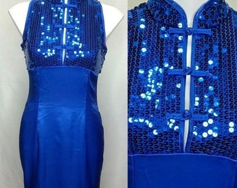 SALE Vintage Zum Zum Mandarin Style Ladies Empire Sequin Shiny Blue Dress Size 7-8