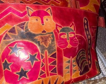 SALE Vintage Emily Ann of Boca Raton Leather Embossed Cat Kitten Shoulder Bag Red