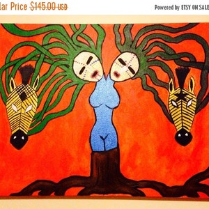 May include: An abstract painting on canvas featuring a tree-like figure with two zebra heads and two mask-like faces. The artwork uses a vibrant color palette of orange, green, yellow, black, and blue.