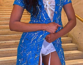 SALE Custom Hand Painted Blue Duster Dress