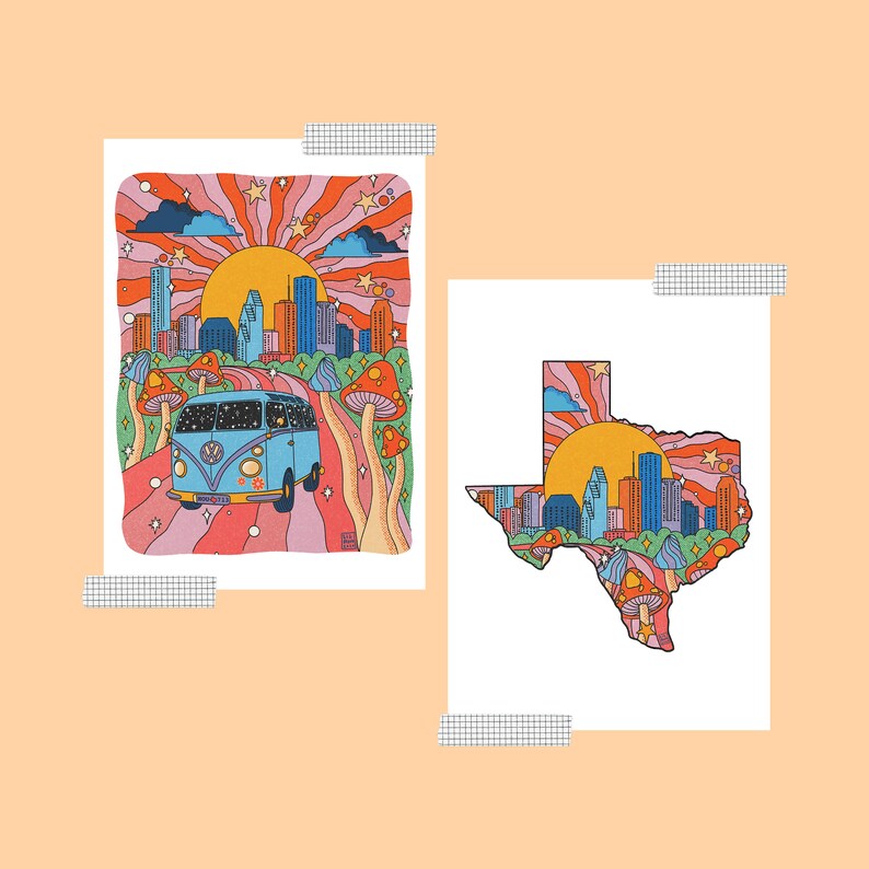 Houston Retro Art Prints Houston Art Houston Skyline Etsy