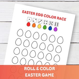 Puede incluir: Una hoja de juego imprimible de Carrera de Color de Huevos de Pascua. La parte superior de la hoja tiene el título "EASTER EGG COLOR RACE" en rojo. Debajo del título hay dados y huevos de colores. La parte inferior de la hoja dice "ROLL & COLOR EASTER GAME".