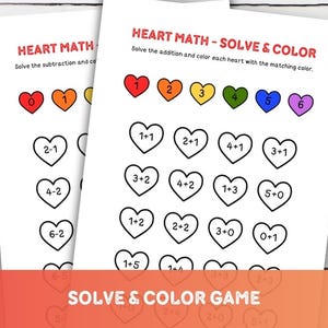 Heart Math Printable – Addition & Subtraction Solve and Color, Preschool Math Activity