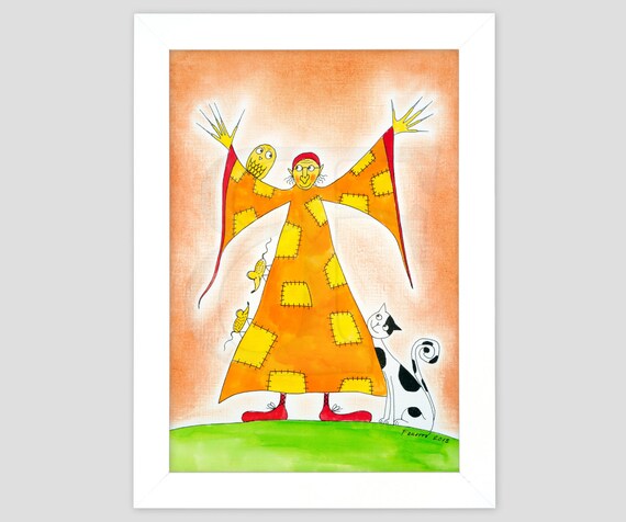 Wiedźma Z Kotem Bajka Rysunek Dziecka Ręcznie Rysowane Zdjęcie Akwarela Malarstwo Druk Obraz Oprawione Kolor Drewniana Rama Fine Art A4