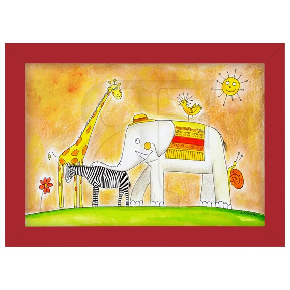 Grupa Zwierząt Zoo Rysunek Dziecka Ręcznie Rysowane Obraz Akwarela Malarstwo Druk Obraz Oprawione Kolor Drewniana Rama Fine Art Print A4