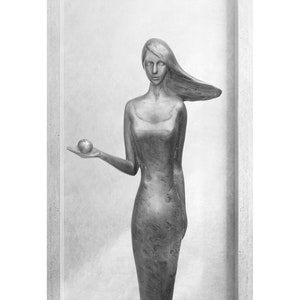 Lady with an apple - metal sculpture of young woman holding apple limited edition original figure statue girl figurine pewter art modern