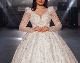 Luxury Sparkle Princess Fairytale Wedding Dress, Romantic Ball Gown, Beaded Long Tulle Sleeve Bridal Gown, Long Train Bride Dress,
