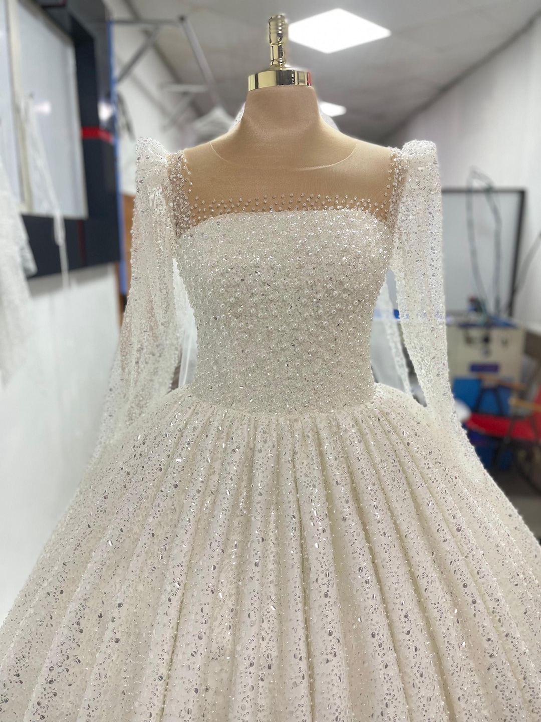 Sparkly Rhinestone Beaded Bridal Dress, Long Sleeve Wedding Dress — free download