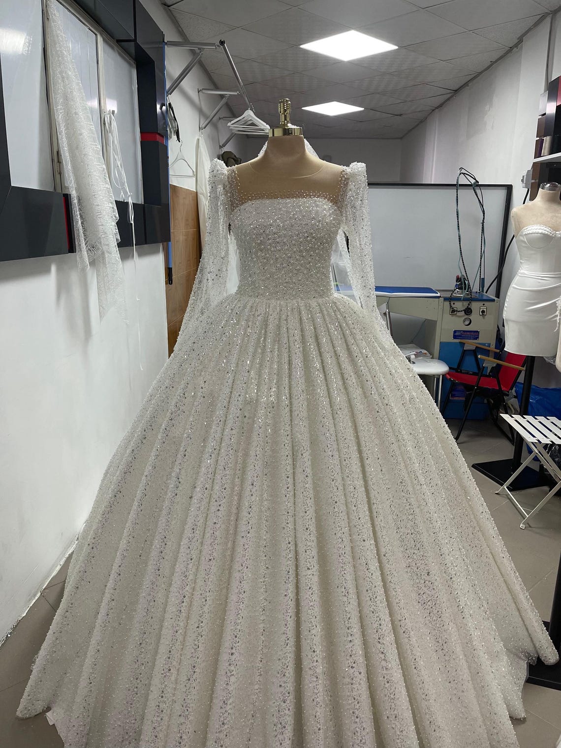 Sparkly Rhinestone Beaded Bridal Dress, Long Sleeve Wedding Dress ...