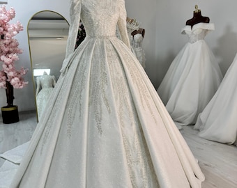 Luxury Long Sleeve High Neck Ball Gown Wedding Dress, Sparkly Embellished Bridal Gown, Modest Princess Wedding Dress, Custom Made