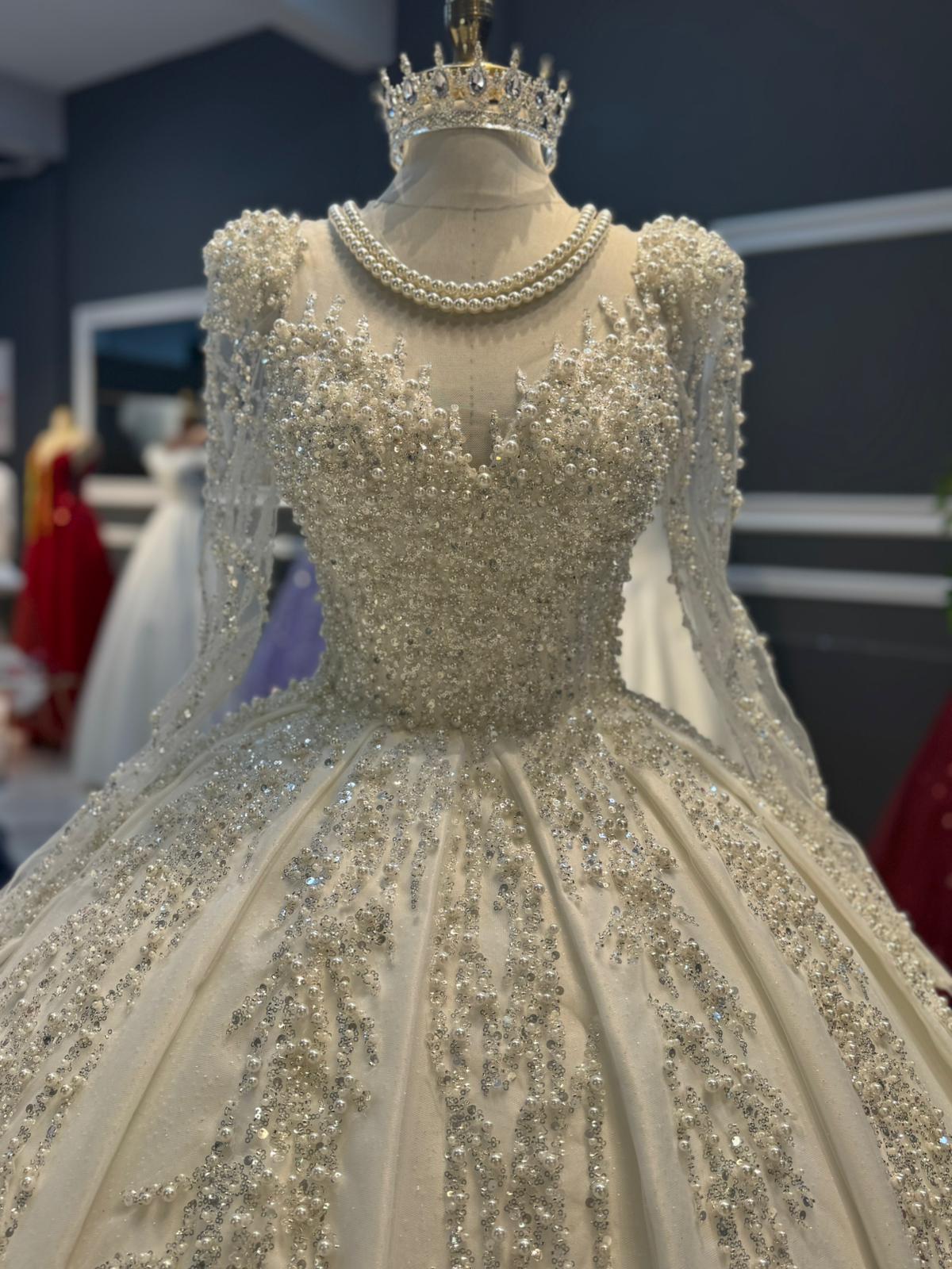 heavy beaded wedding dresses Bead Pearls Dress, Elegant Tulle Long Sleeve Gown, Unique Rich Wedding Gown, Princess Model Bride Dress, Modest Hijab Wedding, allowing the embellishments to Full Sleeve Light Blue Embroidered Net size-womens-clothing_:6