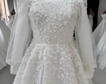 Luxury Muslim Wedding Dress, Elegant Bridal Dress, Hijab 3D Lace Wedding Dress, Floral Bridal Gown, Islamic Bridal Dress Long Sleeve Wedding