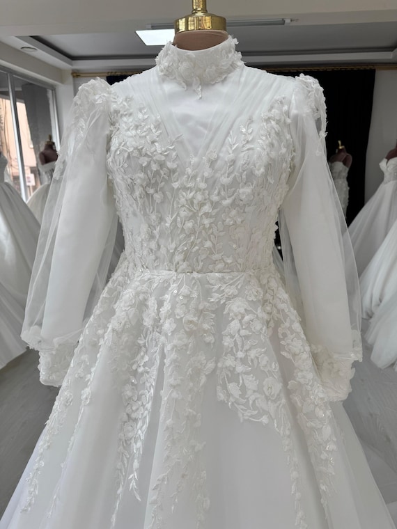 Luxury Muslim Wedding Dress, Elegant Bridal Dress, Hijab 3D Lace Wedding Dress, Floral Bridal Gown, Islamic Bridal Dress Long Sleeve Wedding