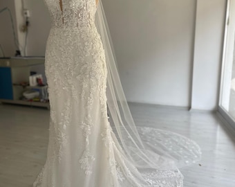 Elegant Tulle 3D Lace Bride Dress, Beaded Bridal Dress, Backless Wedding Dress, Mermaid Wedding Gown Modest Wedding Dress with Long Train