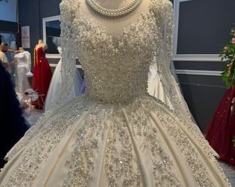 Bead Pearls Wedding Dress, Elegant Tulle Long Sleeve Gown, Unique Heavy Rich Wedding Gown, Princess Model Bride Dress, Modest Hijab Wedding,