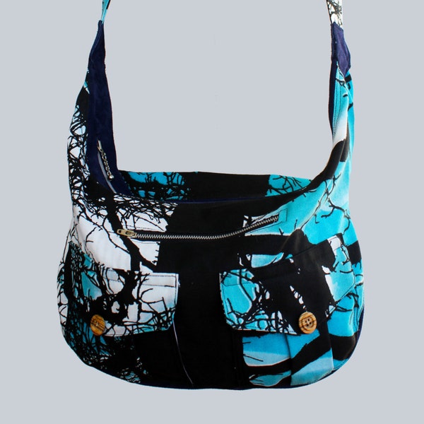 Midnight Forest print canvas and Suede hobo bohemian shoulder bag | canvas bag | suede bag