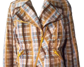 Vintage 1970s yellow tartan coat plaid jacket vintage biker jacket outwear | tartan moto jacket